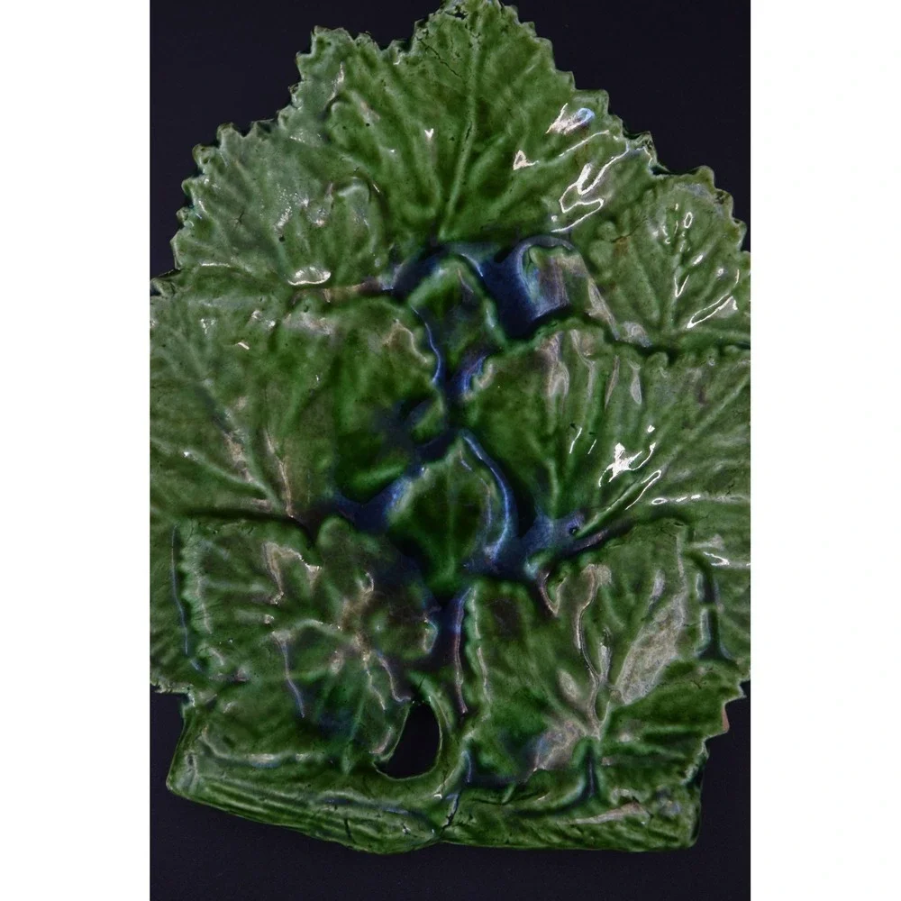 Vintage Made in Portugal Ceramic Leaf Plates Set of 2 Green Majolica Style 7.5